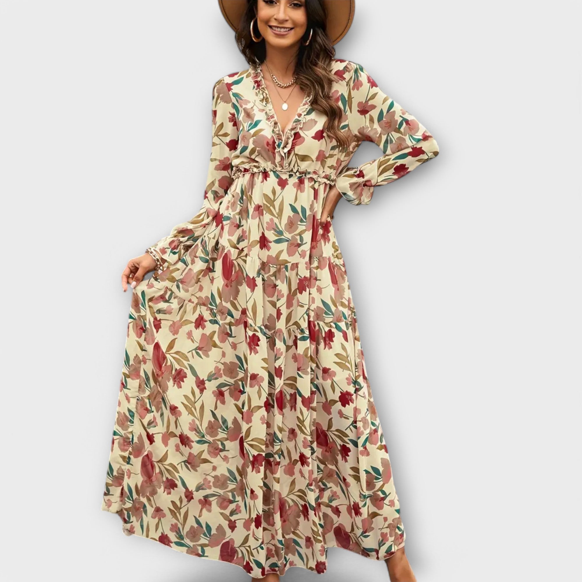 Adeline Russo | Floral Pleated Long Sleeve Maxi Summer Dress