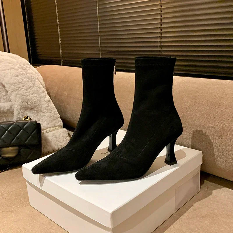 Angela Pendleton | Pointed Toe Mid Heel Suede Boots For Women
