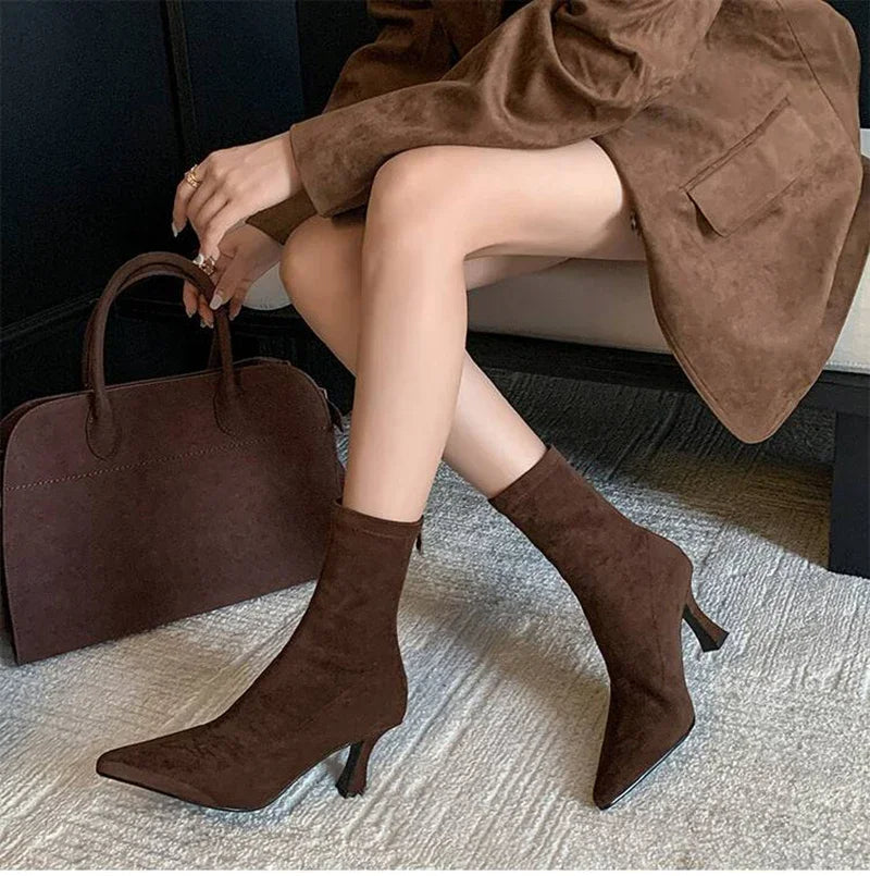 Angela Pendleton | Pointed Toe Mid Heel Suede Boots For Women
